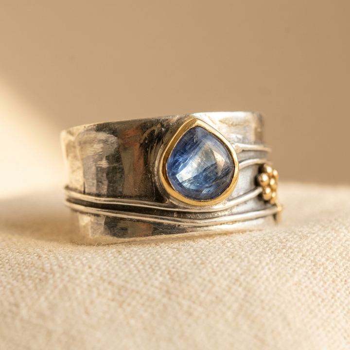 Blue Stone Silver & Gold Wide Band Ring