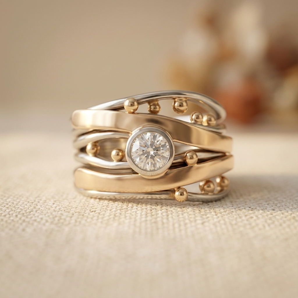 Vintage ambachtelijke ringband met zirkonia accent en goudkleurig inlegwerk