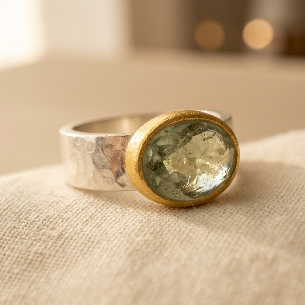 Vintage smaragdgroene gehamerde zilver- en goudkleurige ring
