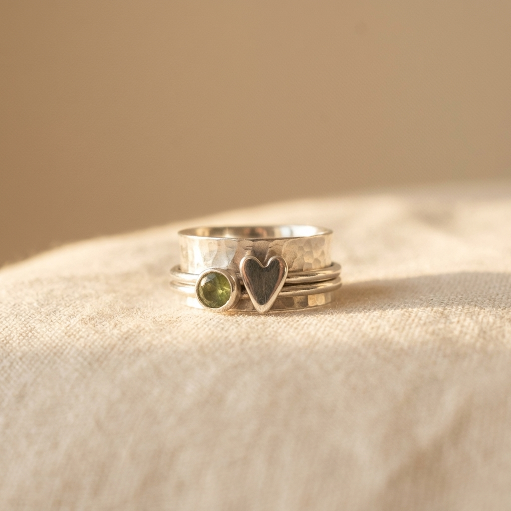 Vintage zilverkleurige ambachtelijke ring met hart en groene steen