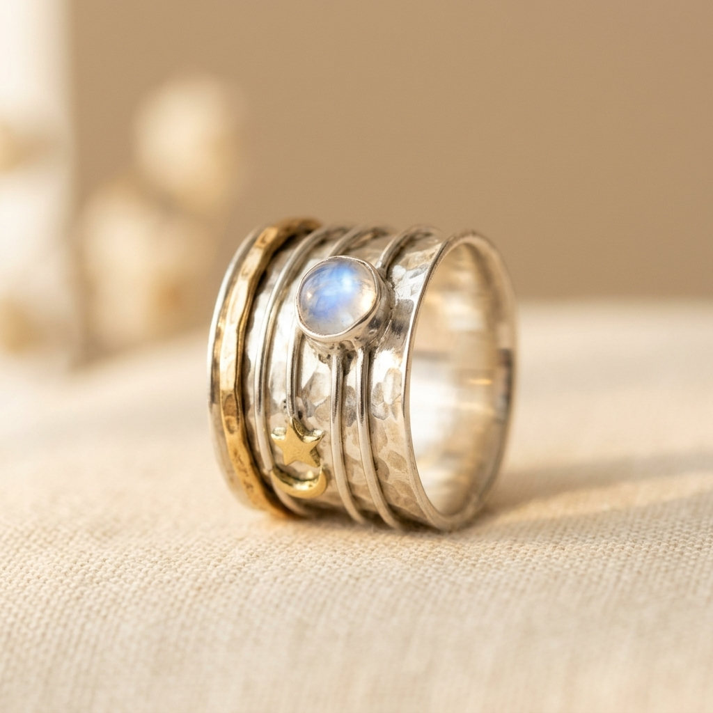Star and Moon Moonstone Silver & Gold Artisan Ring