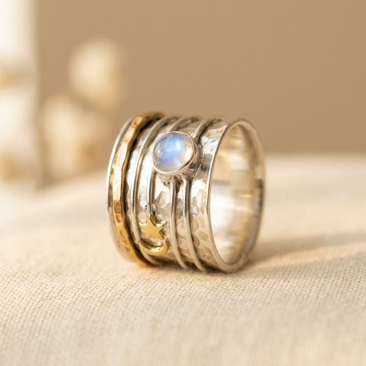 Star and Moon Moonstone Silver & Gold Artisan Ring