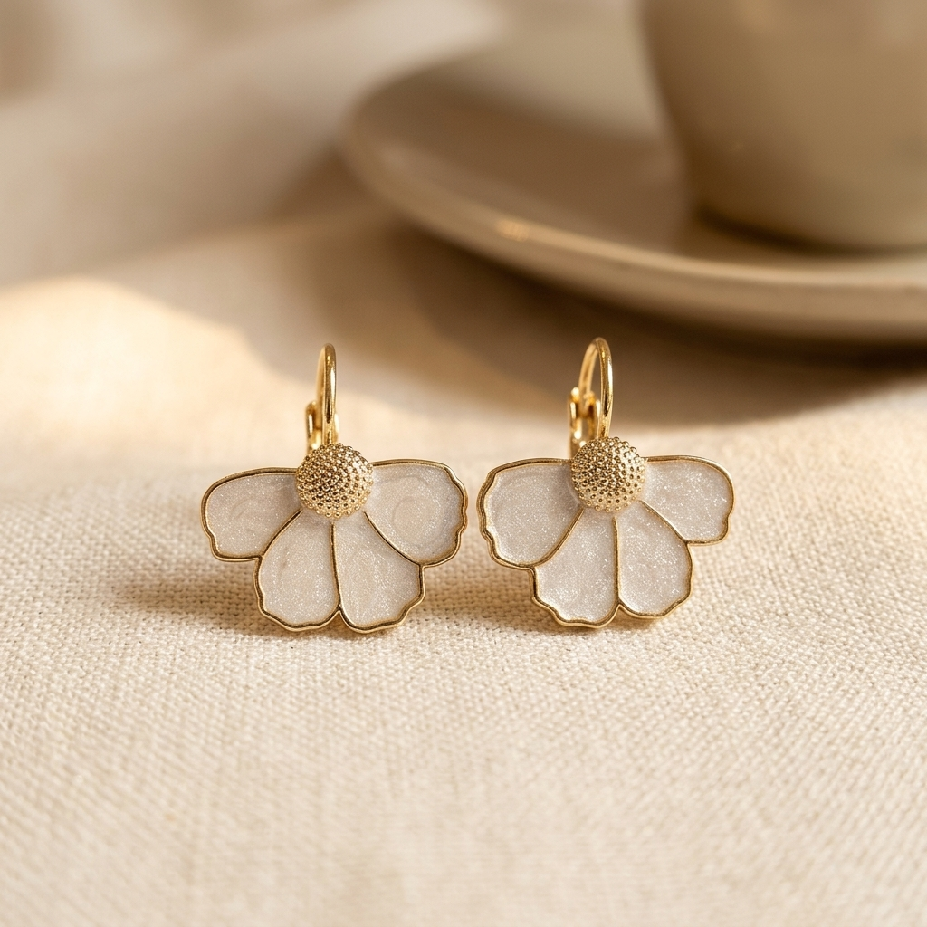 Elegante emaille oorhangers met vierbladige bloem