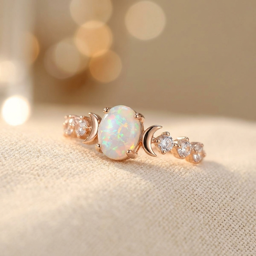 Elegante vergulde ringen met kleine maan en witte regenboog vuuropaal