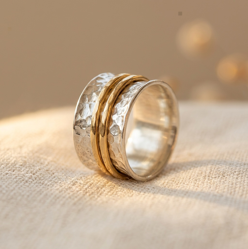 Vintage getextureerde zilver- en goudkleurige ambachtelijke ringband