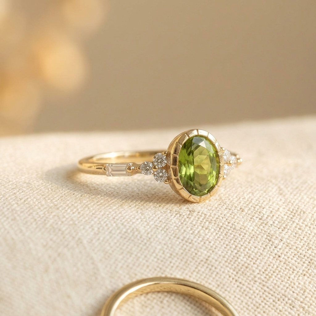 Vintage vergulde ring met ovale groene zirkonia en diamantaccent