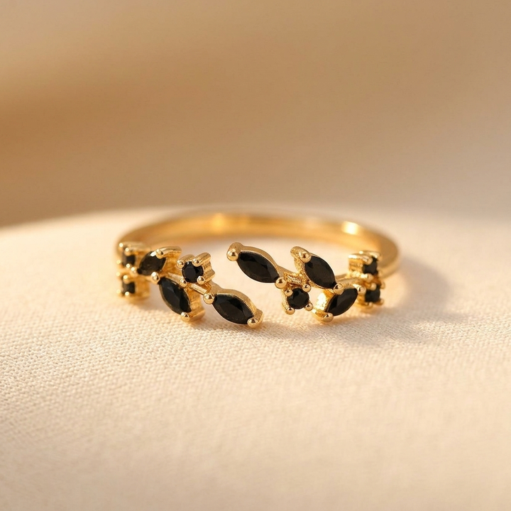 Elegant Black Zirconia Floral Gold Plated Ring