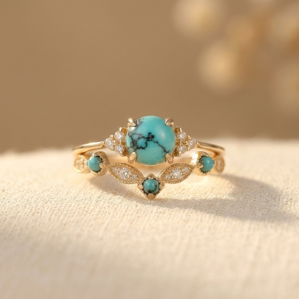 Elegante vintage vergulde statement ring met turkoois