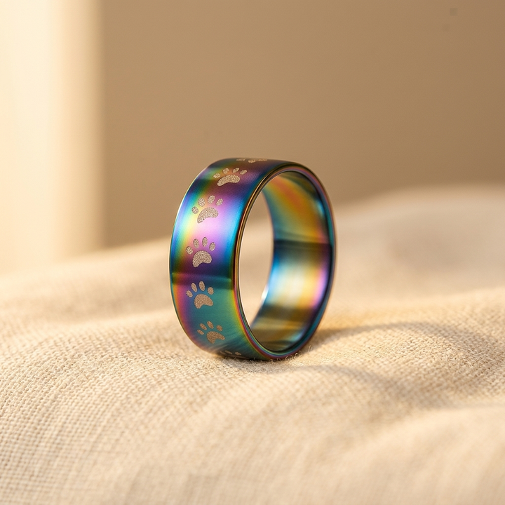 Handmade rainbow stainless steel paw print ring