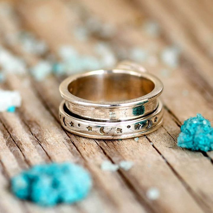 Celestial Stars Moon and Moonstone Fidget Silver Ring