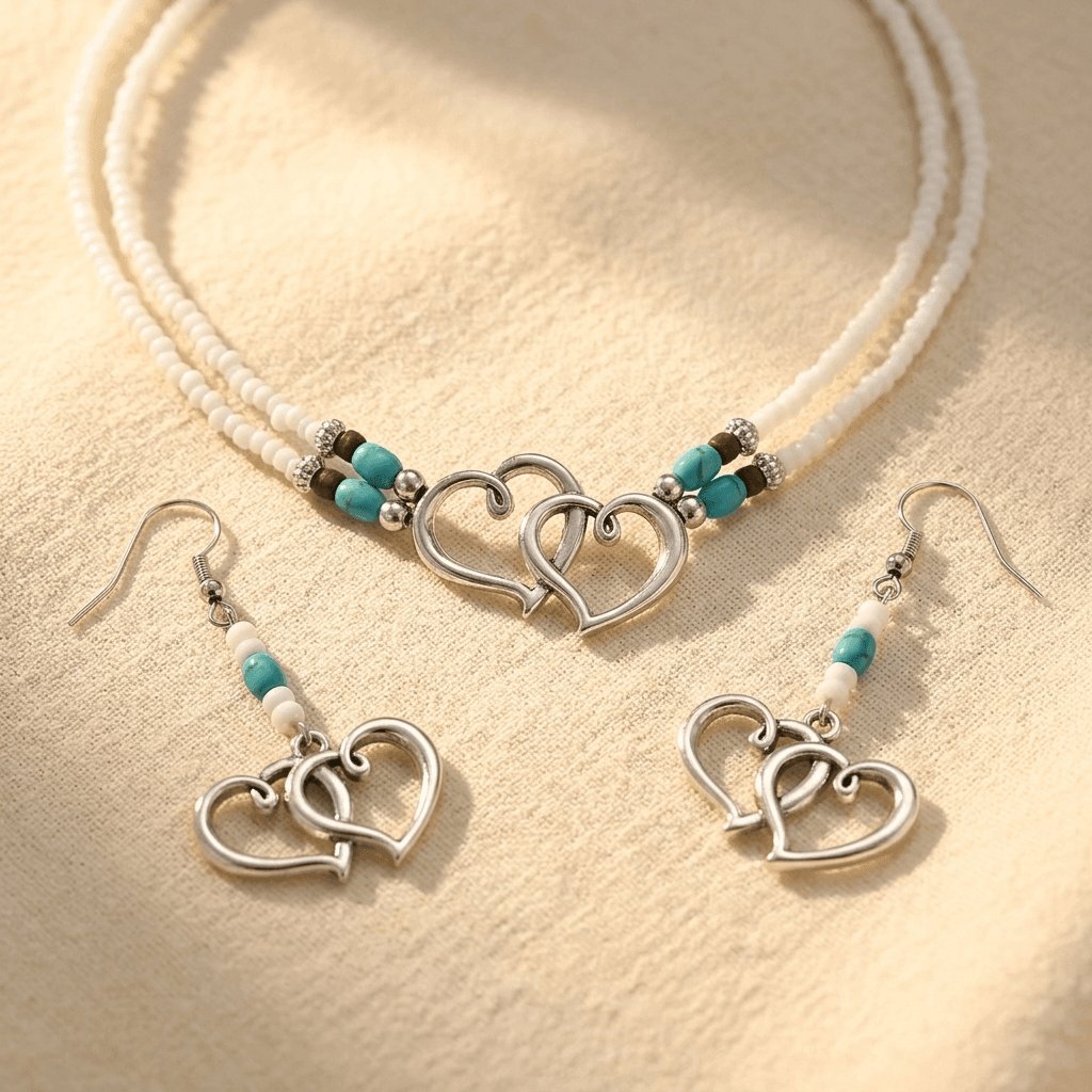 Dubbellaagse kralen ketting- en armbandset met hartbedel