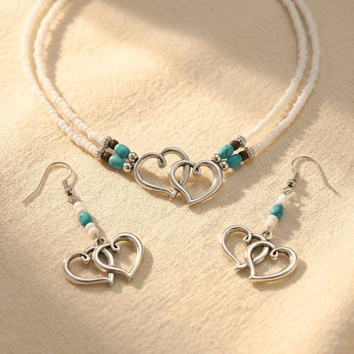 Double Layer Beaded Heart Charm Necklace And Bracelet Set Jewelry Set