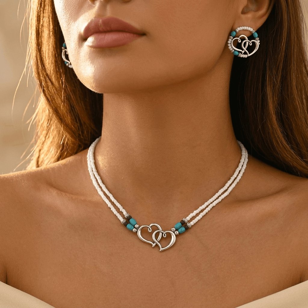 Dubbellaagse kralen ketting- en armbandset met hartbedel