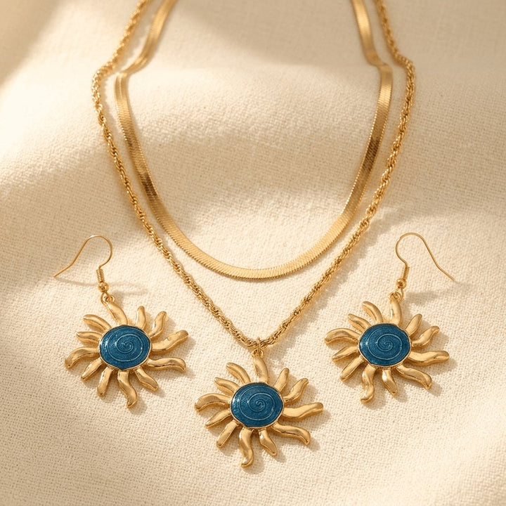 Sun Themed Earrings And Double Layer Necklace Set Jewelry Set