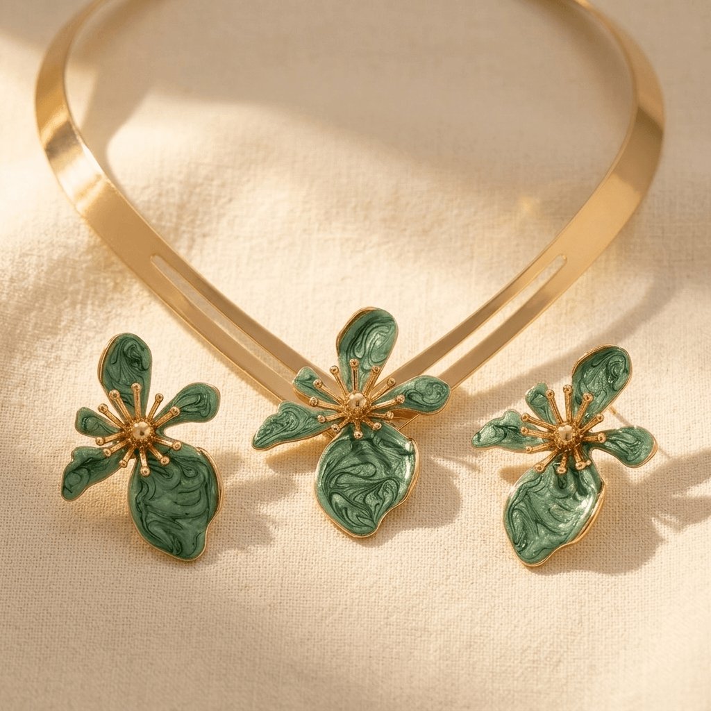 Floral Necklace Stud Earrings Jewelry Set