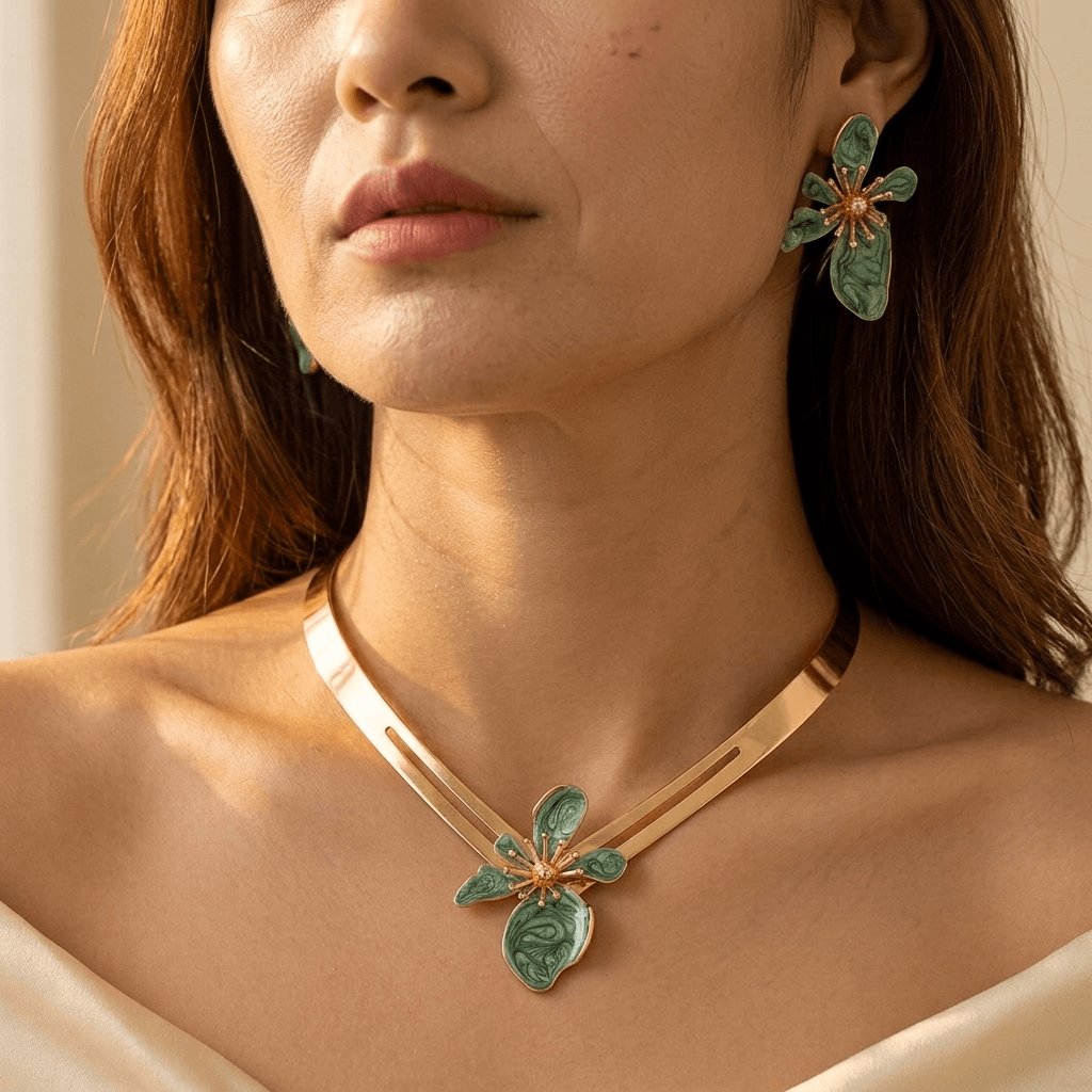 Floral Necklace Stud Earrings Jewelry Set