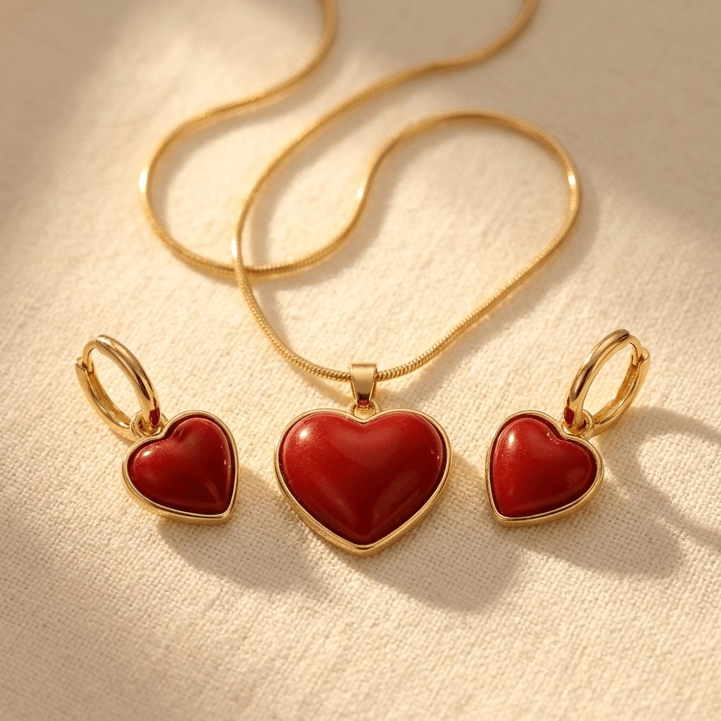 Red Heart Jewelry Set Pendant Necklace Earrings Jewelry Set