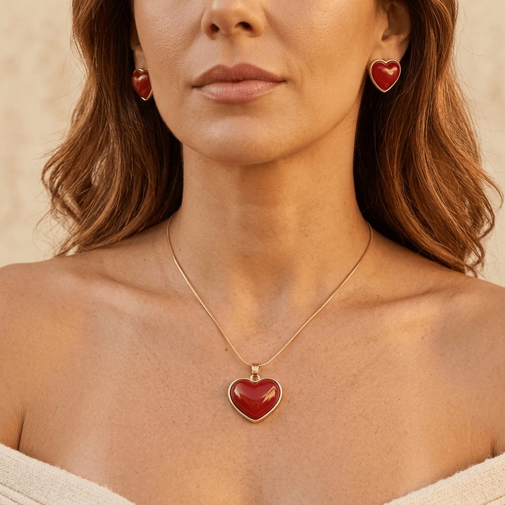 Red Heart Jewelry Set Pendant Necklace Earrings Jewelry Set