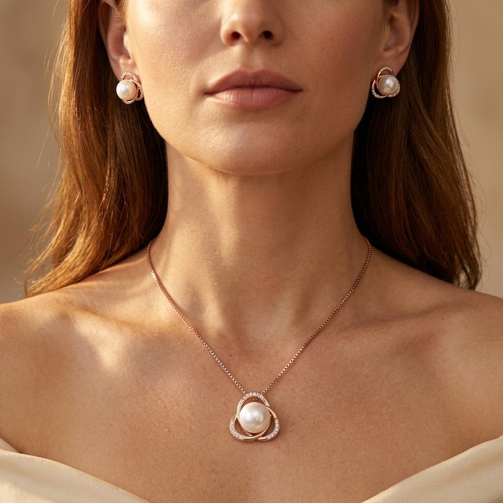 Luxury Pearl Pendant Necklace Earrings Jewelry Set