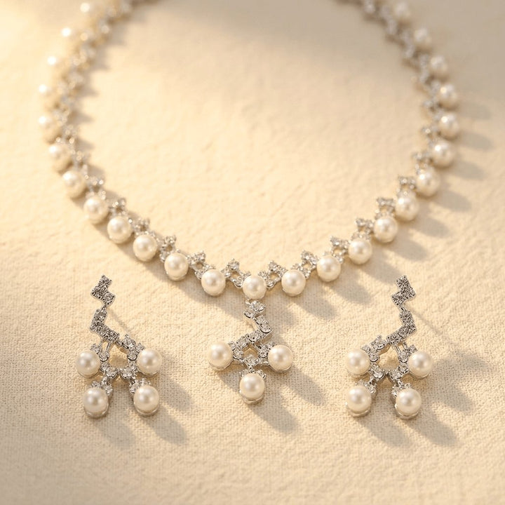 Pearl Geometric Necklace Bracelet Earrings Jewelry Set