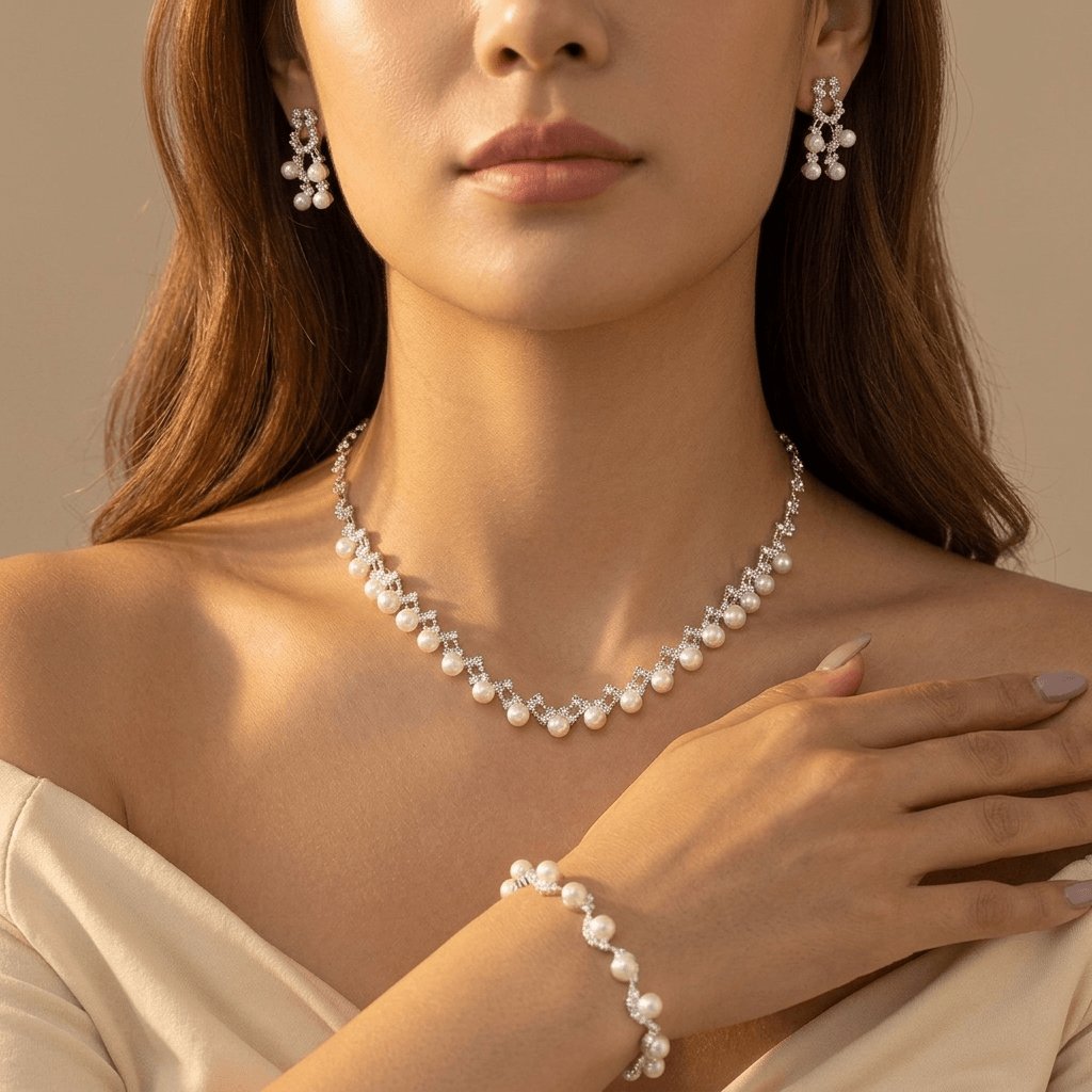 Pearl Geometric Necklace Bracelet Earrings Jewelry Set