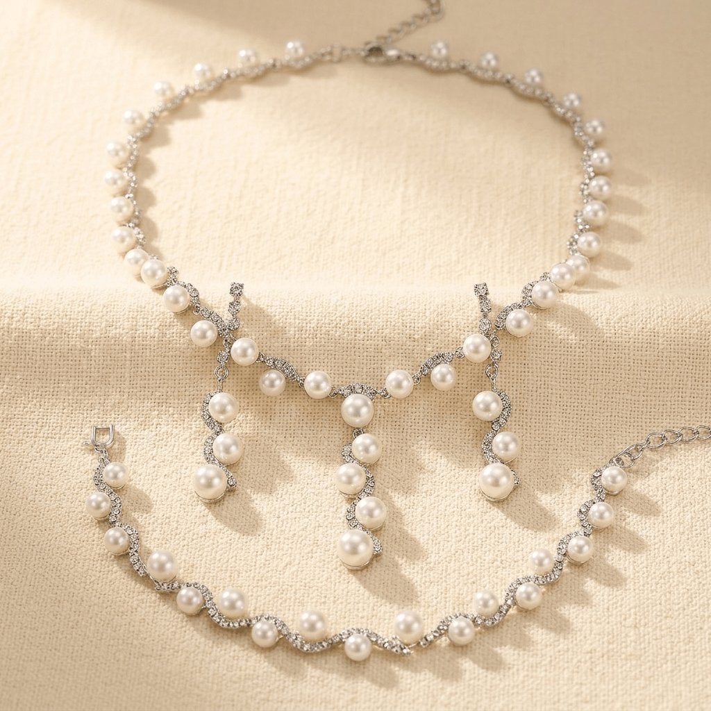 Pearl Jewelry Set Necklace Earrings Bracelet Jewelry Set