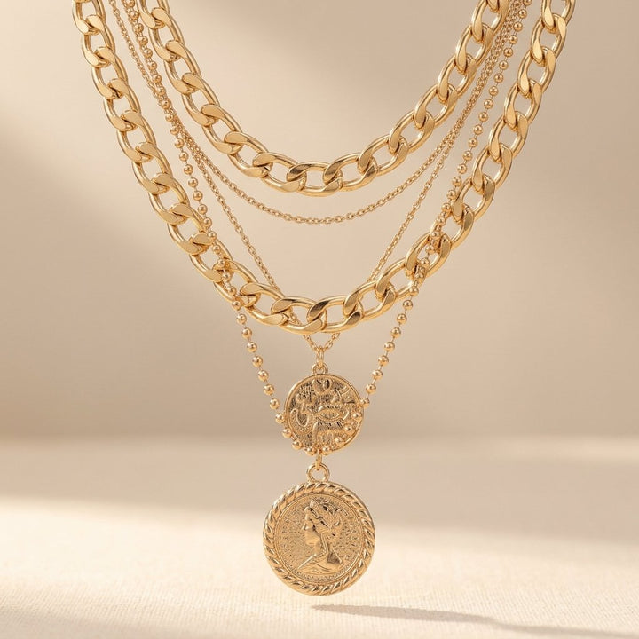 Layered Chain Necklace With Interlocking Rings
