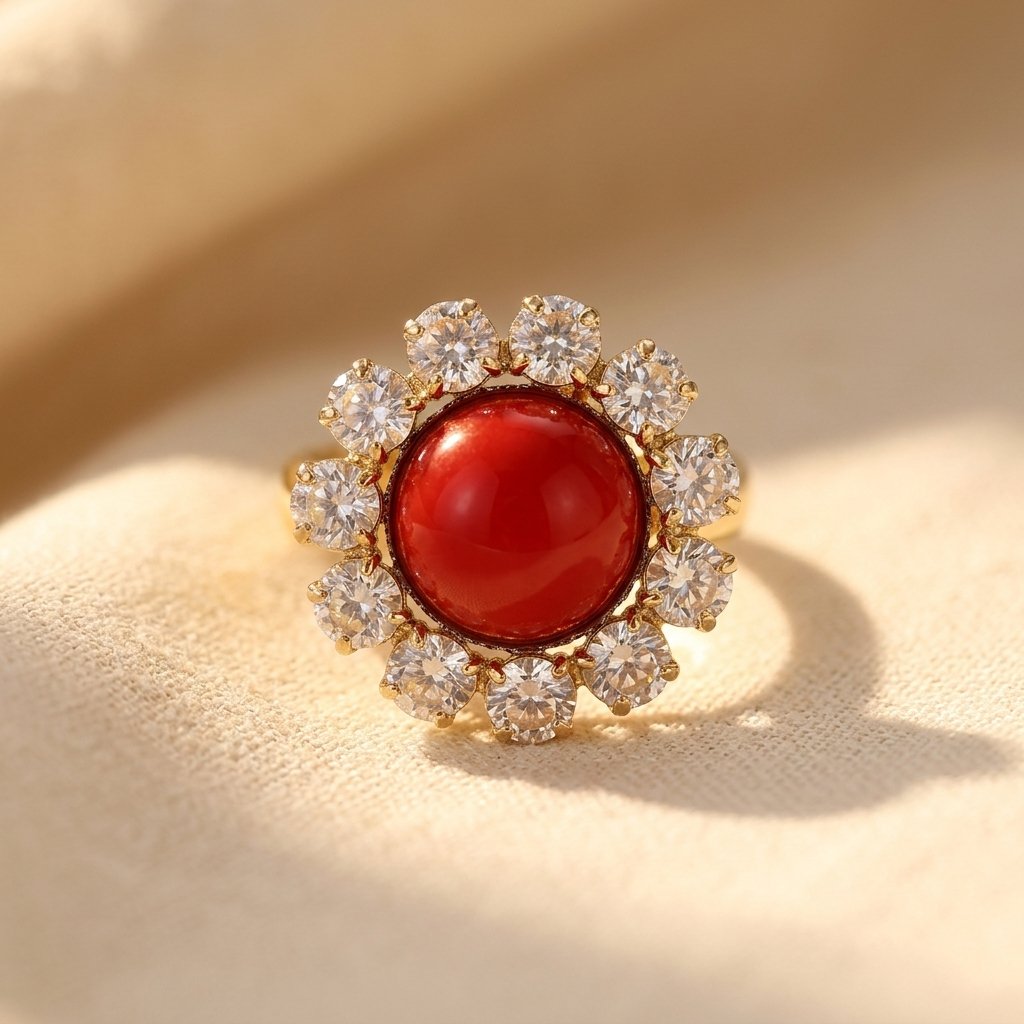 Vintage halo ring met rood koraal en kristal