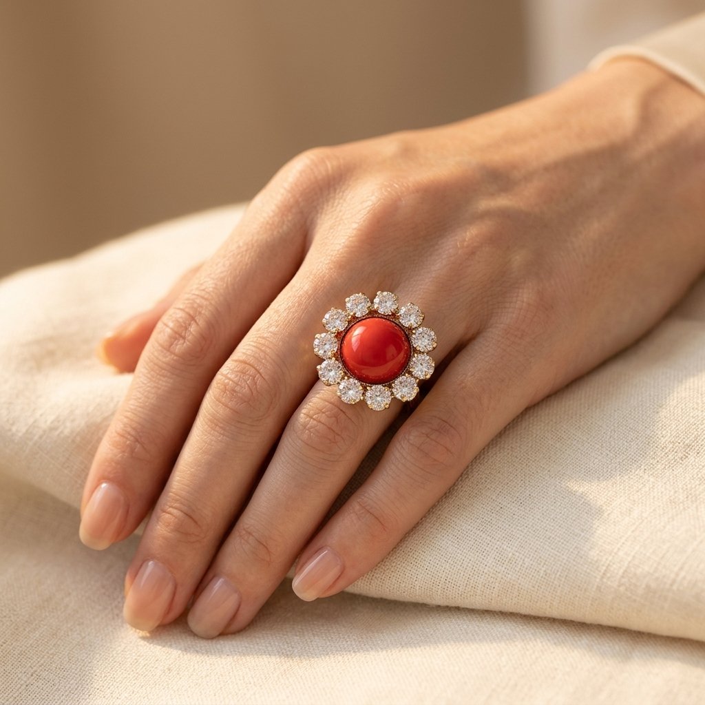 Vintage halo ring met rood koraal en kristal