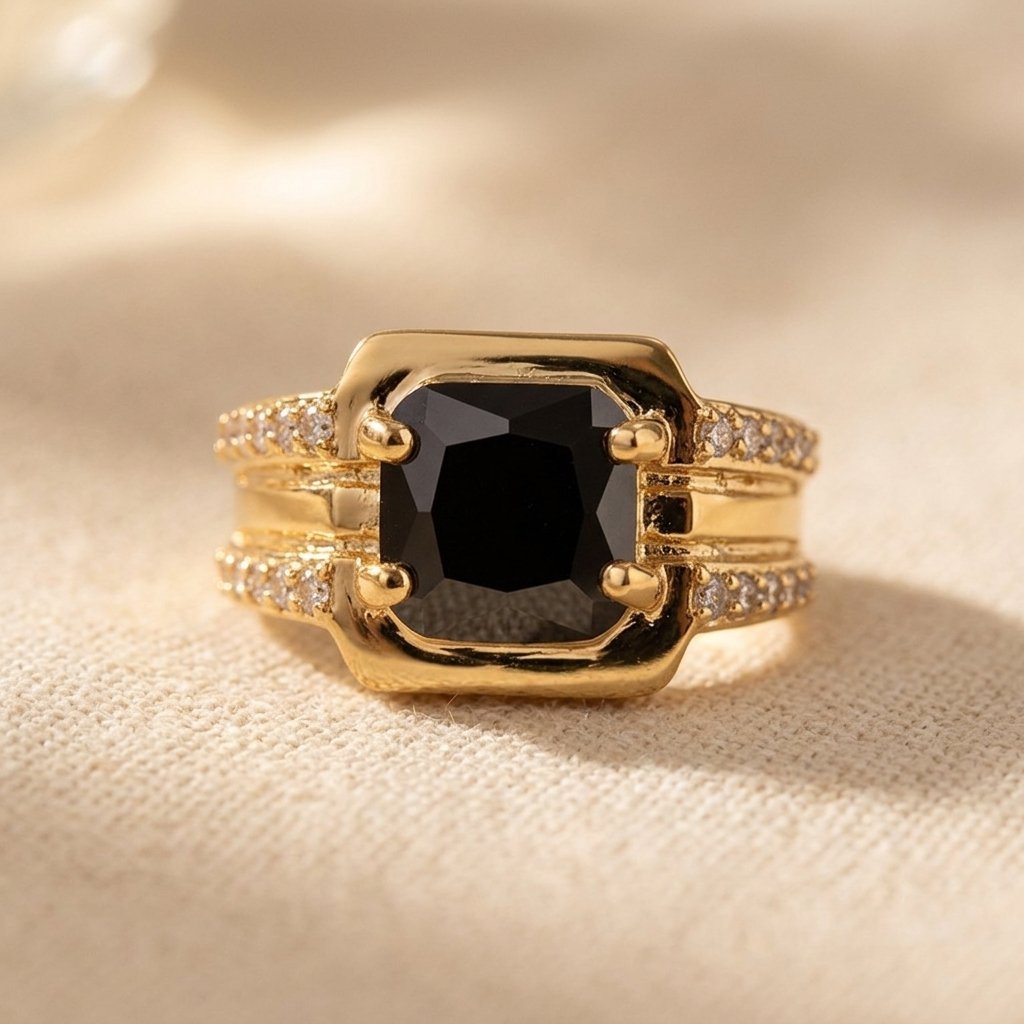 Retro zwarte zirkonia ring met brede band