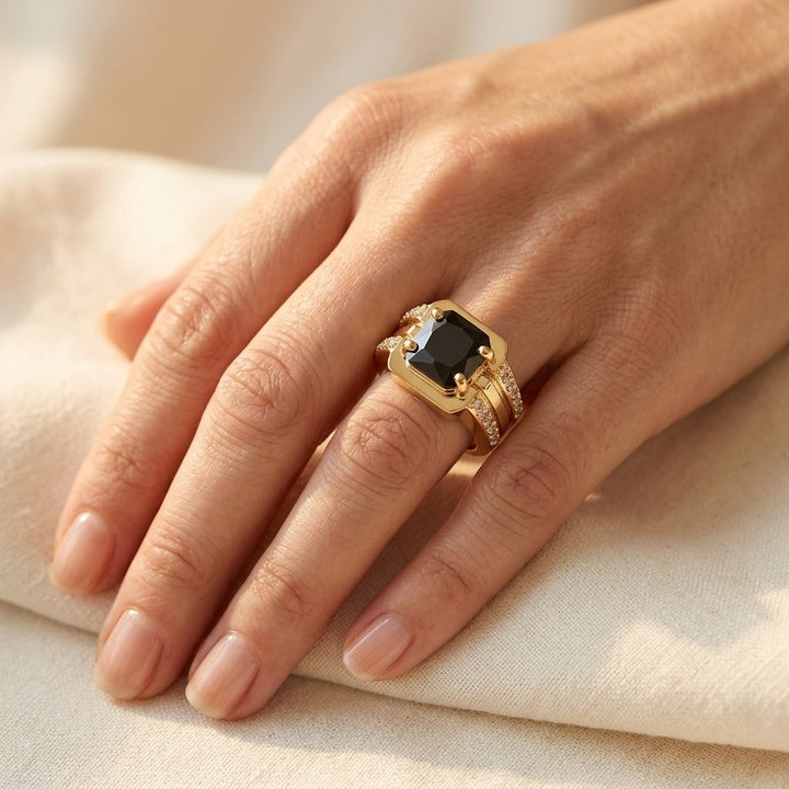 Retro Black Zirconia Wide Band Ring