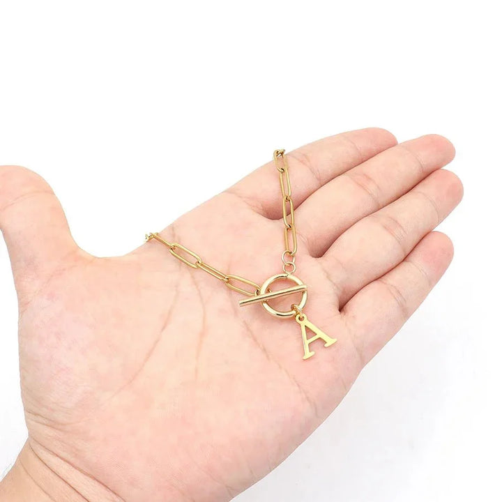 Paperclip Initial Necklace with Circle Toggle Clasp