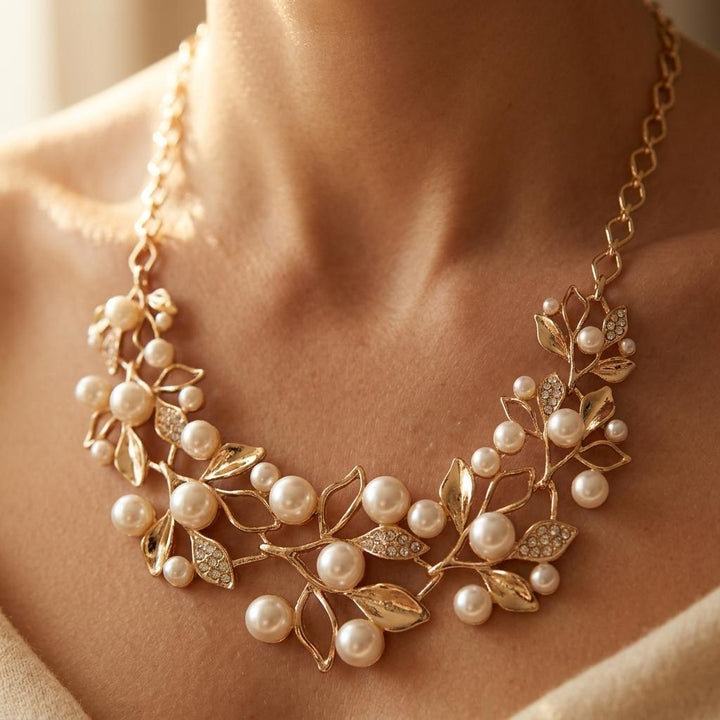 Floral Faux Pearl Gold Jewelry Set