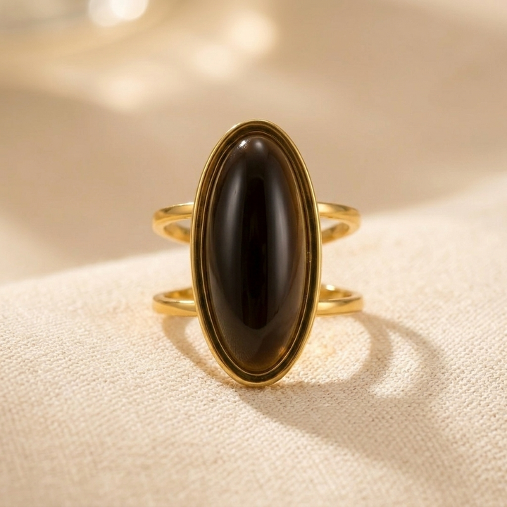Gold Oval Black Onyx Statement Ring