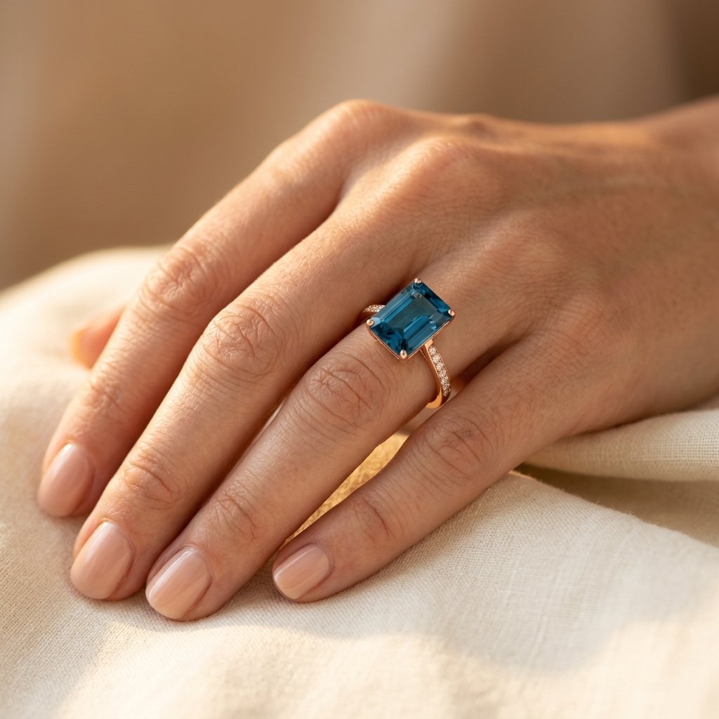 Rosé goudkleurige vierkante ring met London blue topaas
