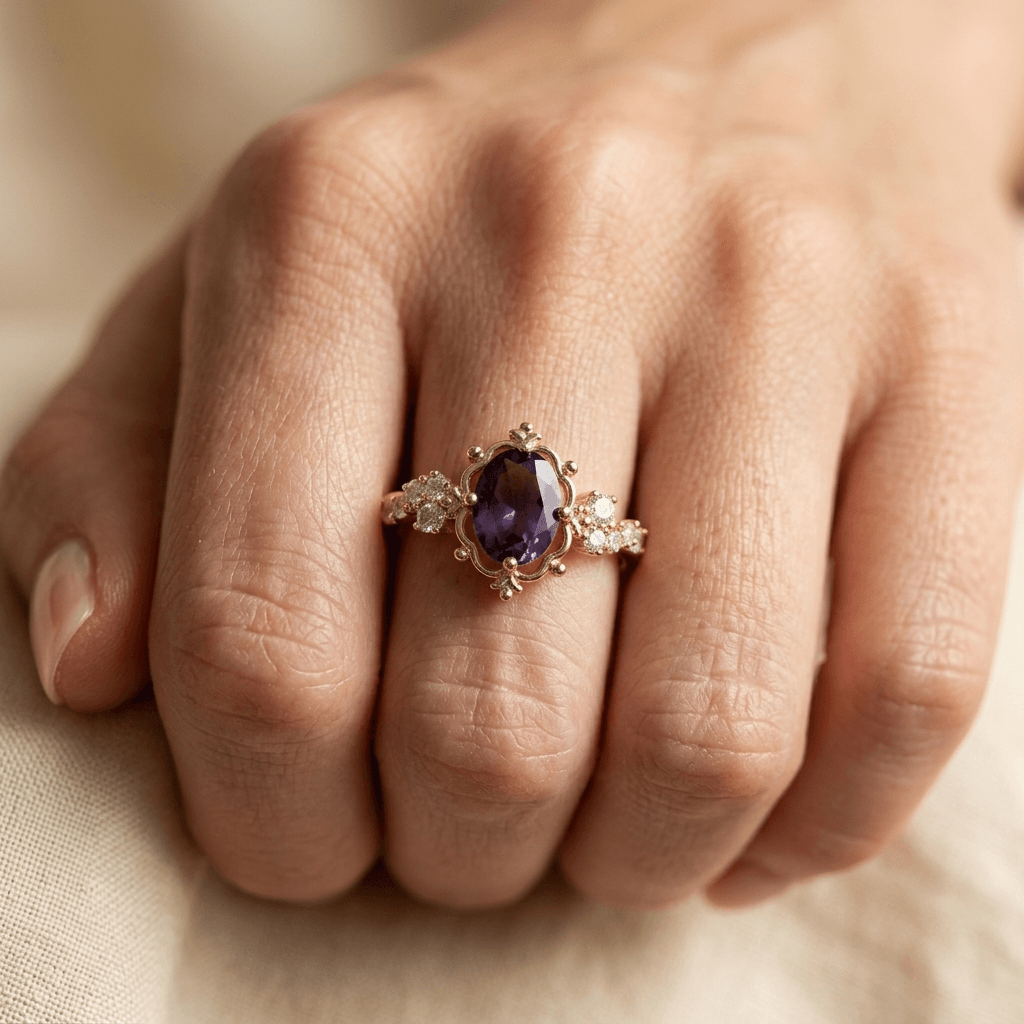 Elegante verlovingsring ingelegd met paarse zirkonia
