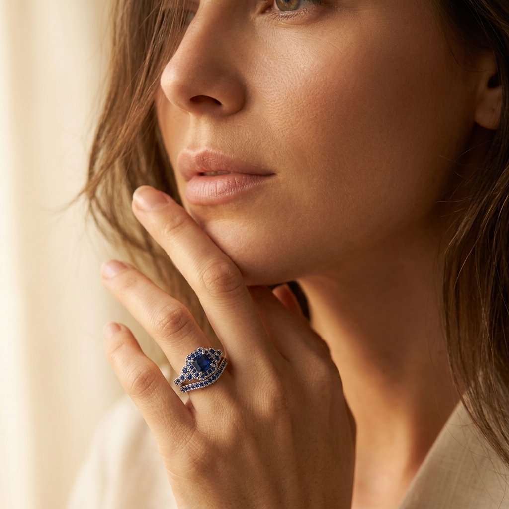 Vintage zilverkleurige halo ring met blauwe cushion steen