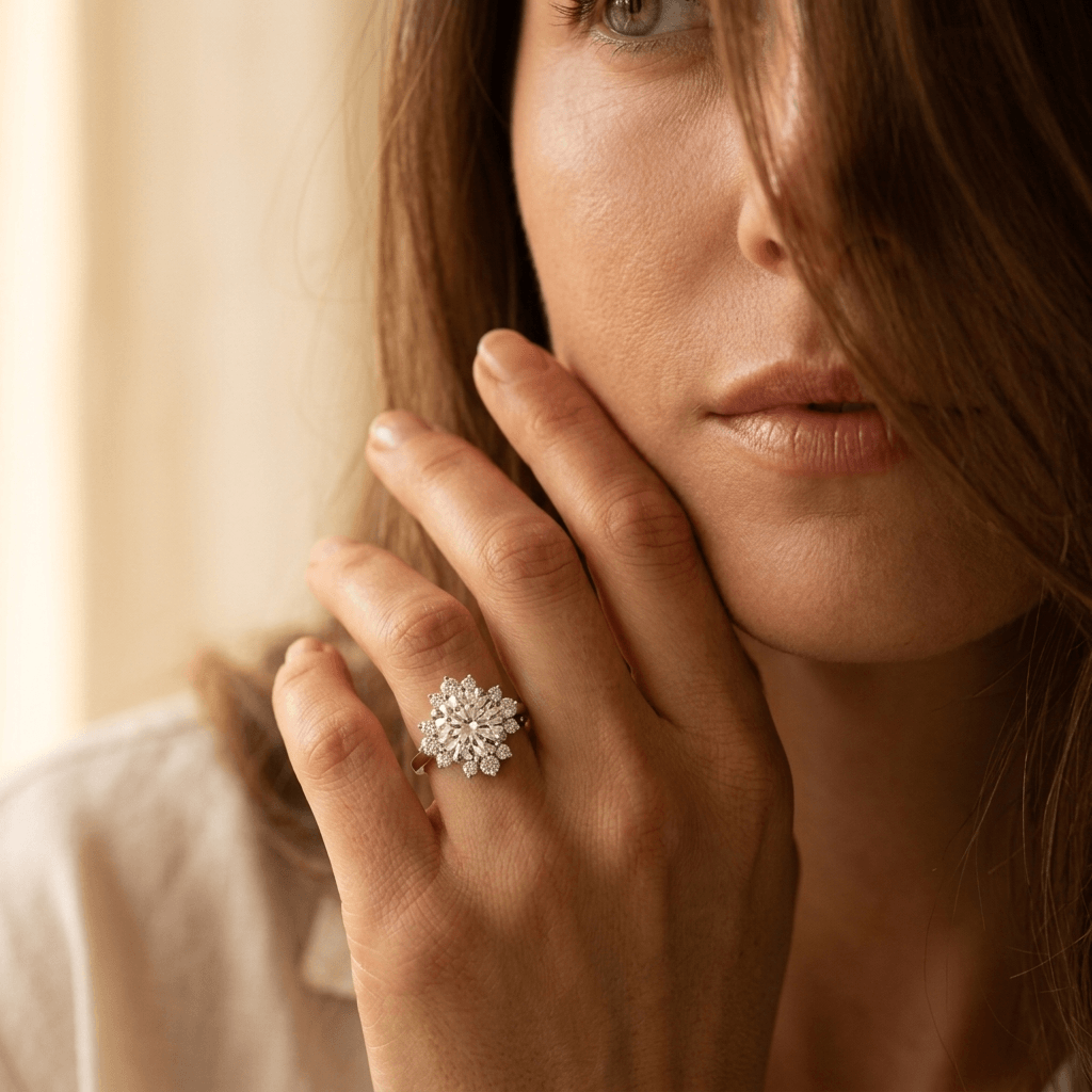 Verfijnde vintage sterexplosie ring met synthetische zirkonia