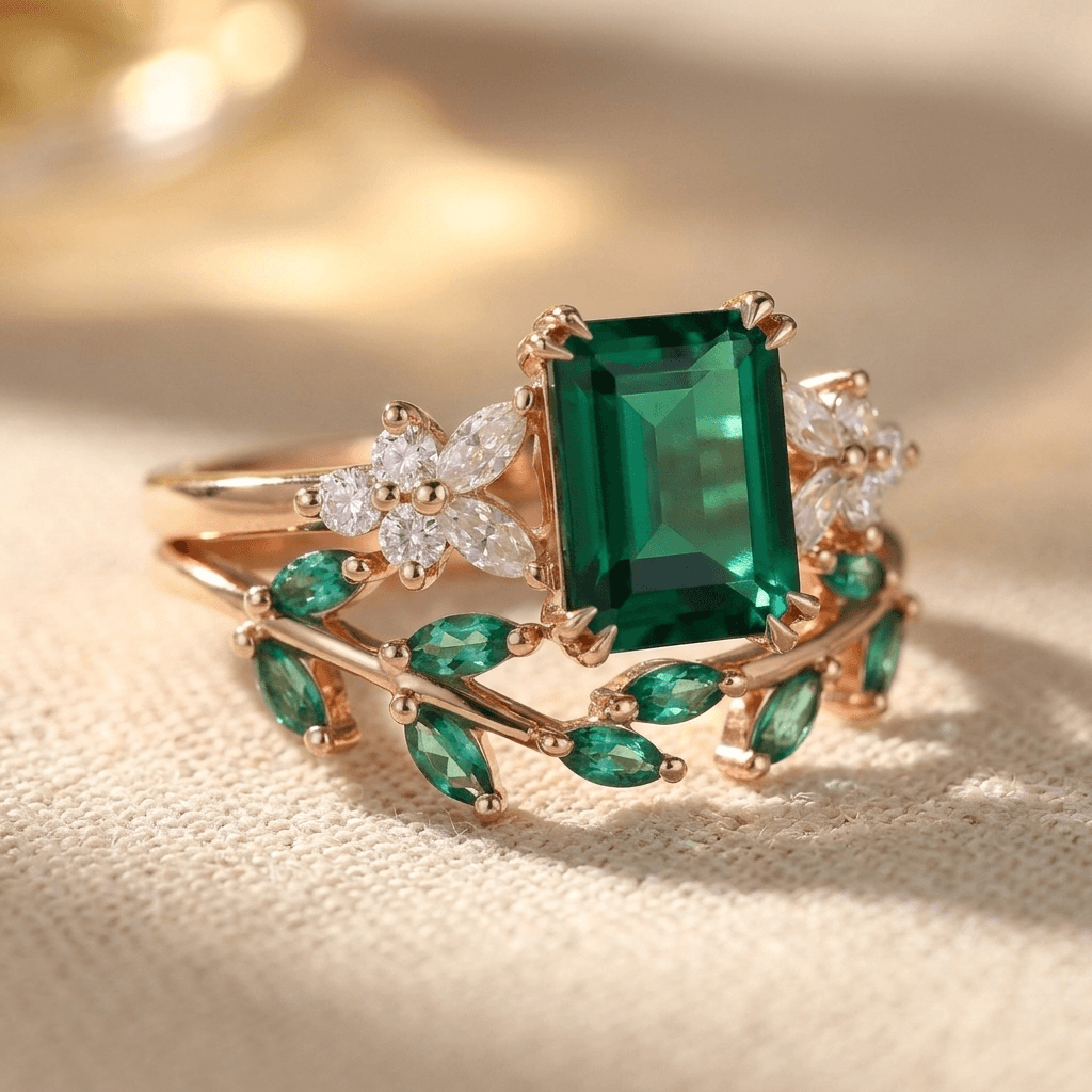 Elegante verlovingsring met groene transparante geslepen steen
