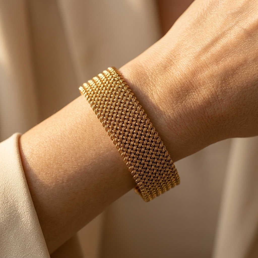 Goudkleurige geweven mesh cuff armband van roestvrij staal