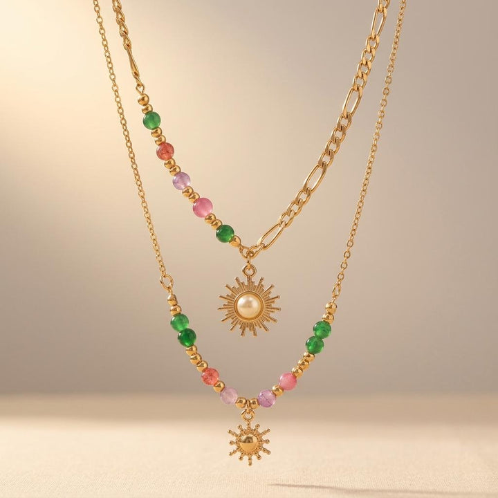 Bohemian Beaded Spiral Sun Pendant Necklace
