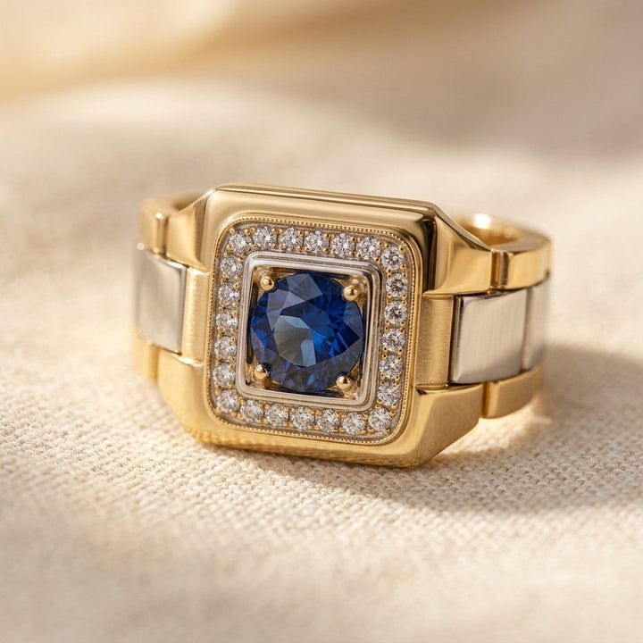 Gold Sapphire Diamond Square Ring