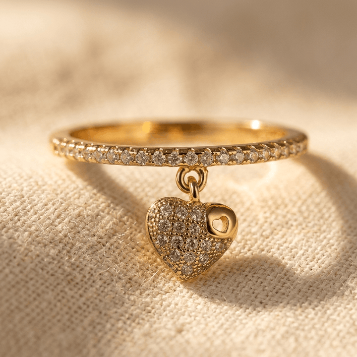 Gold Pavé Heart Charm Stacking Ring