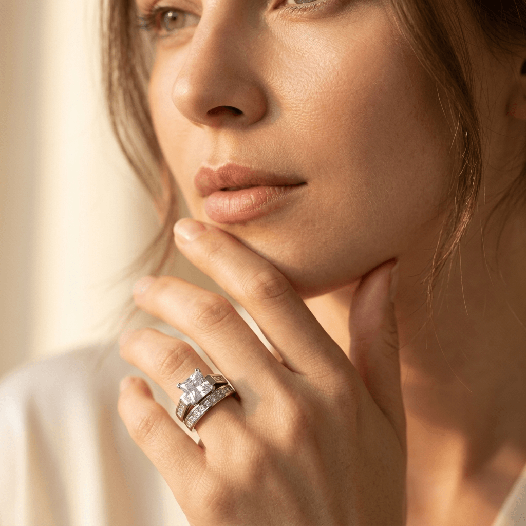 Zilverkleurige statement ring met witte zirkonia