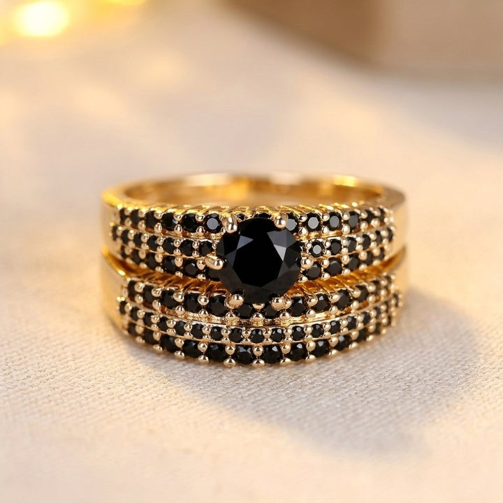 Gold Black Cubic Zirconia Claw Ring Set