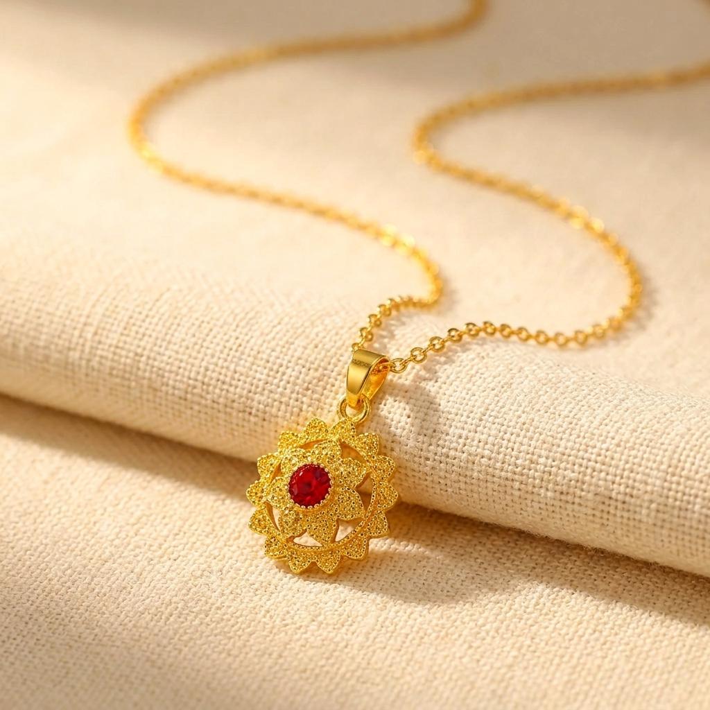 Vintage Ruby Crystal Filigree Pendant Necklace