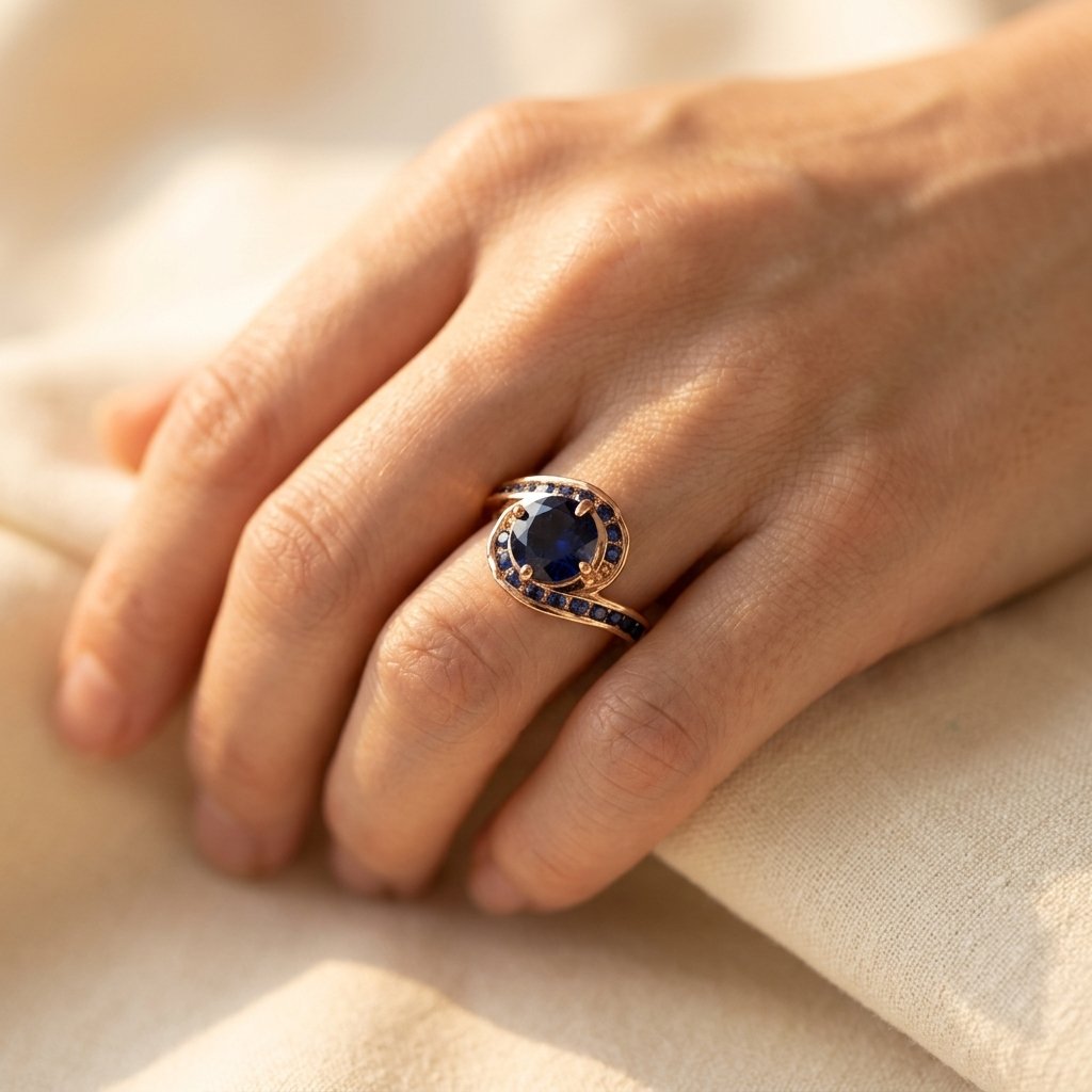 Gold Sapphire Blue Round Halo Ring