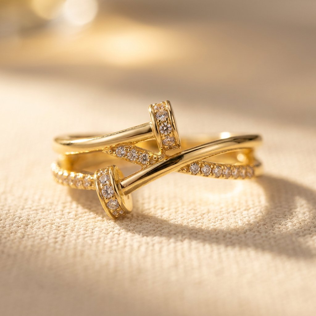 Goudkleurige gekruiste ring met zirkonia