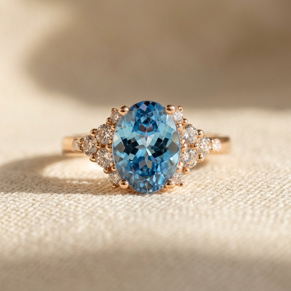 Rosé goudkleurige ovale ring met London blue topaas