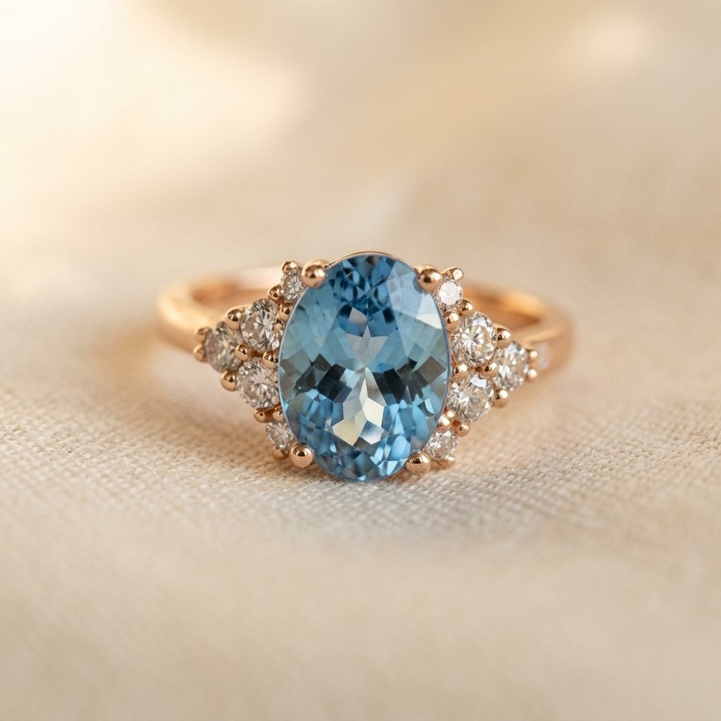 Rosé goudkleurige ovale ring met London blue topaas